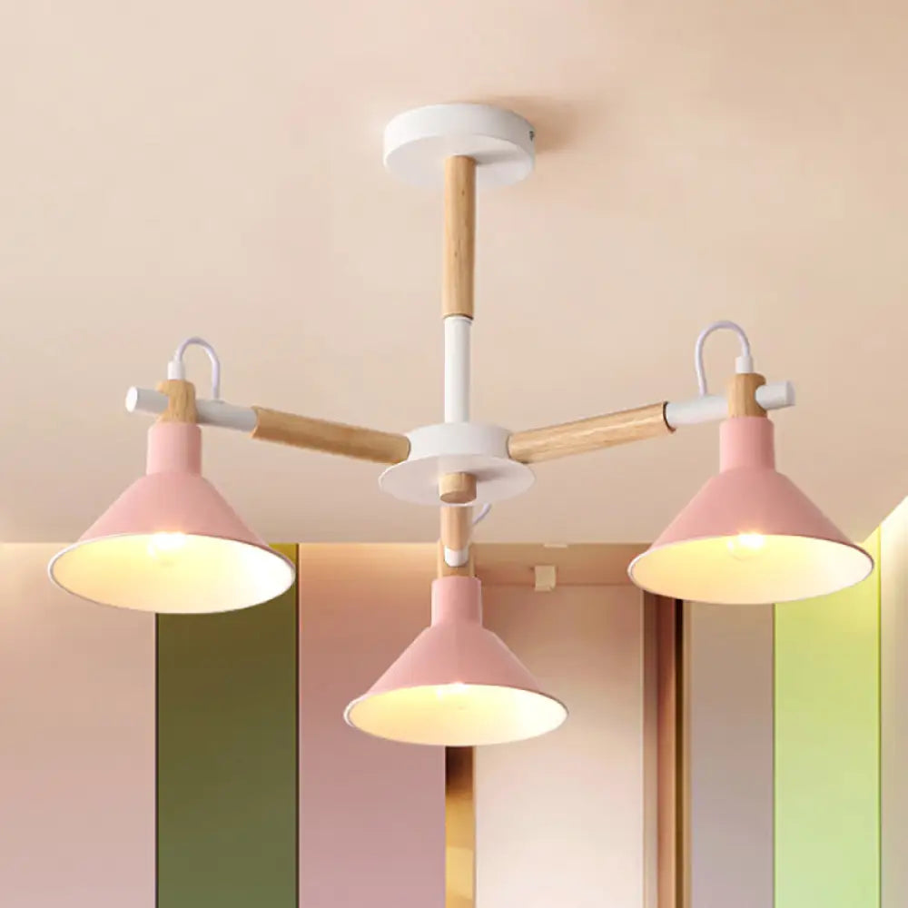 Horn Shape Pendant Lights - Macaroon Metal & Wood Fixture 3 Bulbs For Dining Room Kid Bedroom Pink