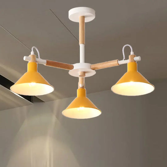 Horn Shape Pendant Lights - Macaroon Metal & Wood Fixture 3 Bulbs For Dining Room Kid Bedroom Yellow