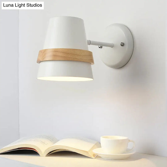 Horn-Shaped Adjustable Wall Light With Minimalist Metal Design And Wood Ring Decor - 1-Light Bedside