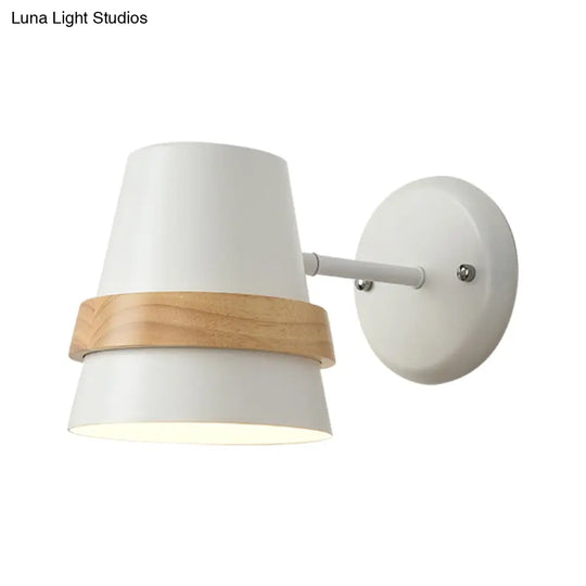 Horn-Shaped Adjustable Wall Light With Minimalist Metal Design And Wood Ring Decor - 1-Light Bedside