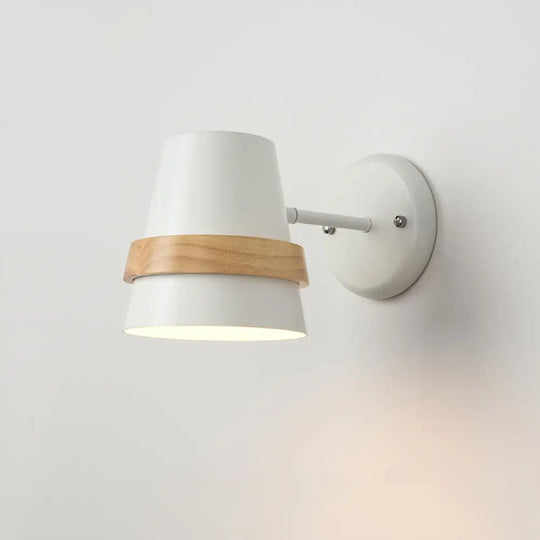 Horn-Shaped Adjustable Wall Light With Minimalist Metal Design And Wood Ring Decor - 1-Light Bedside