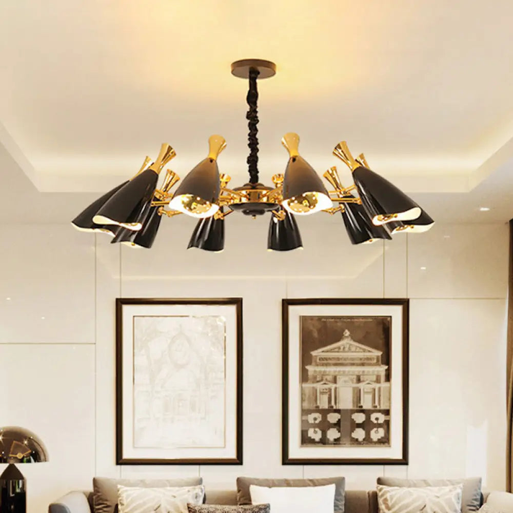 Horn-Shaped Led Suspension Light: Metallic Simplicity Chandelier For Living Room 10 / Black