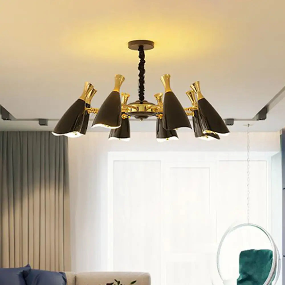 Horn-Shaped Led Suspension Light: Metallic Simplicity Chandelier For Living Room 8 / Black