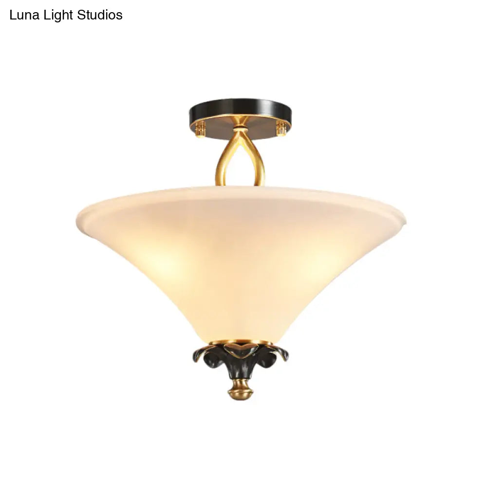 Horn-Shaped White Glass Semi Flush Lamp - Country Style With 3 Lights For Bedroom Ceiling In Brass