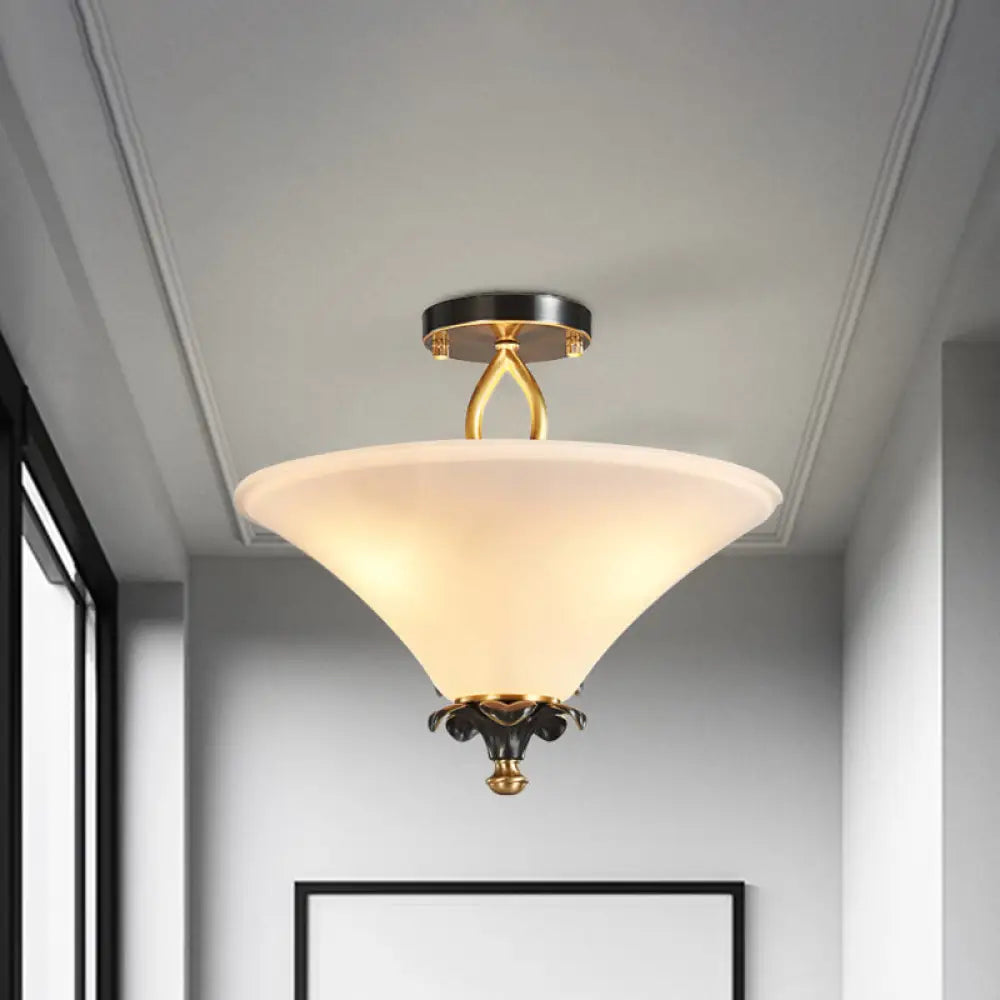Horn-Shaped White Glass Semi Flush Lamp - Country Style With 3 Lights For Bedroom Ceiling In Brass
