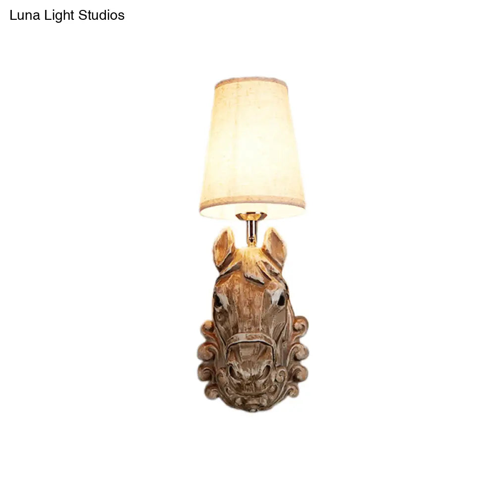 Horse Sconce Lamp: Resin Wall Mounted Light With Tapered Fabric Shade - Brown