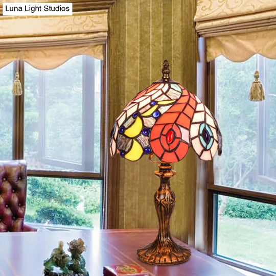 Baroque Brass Peacock Tail Patterned Table Lamp With Stained Glass Shade - 2-Light Night Light For