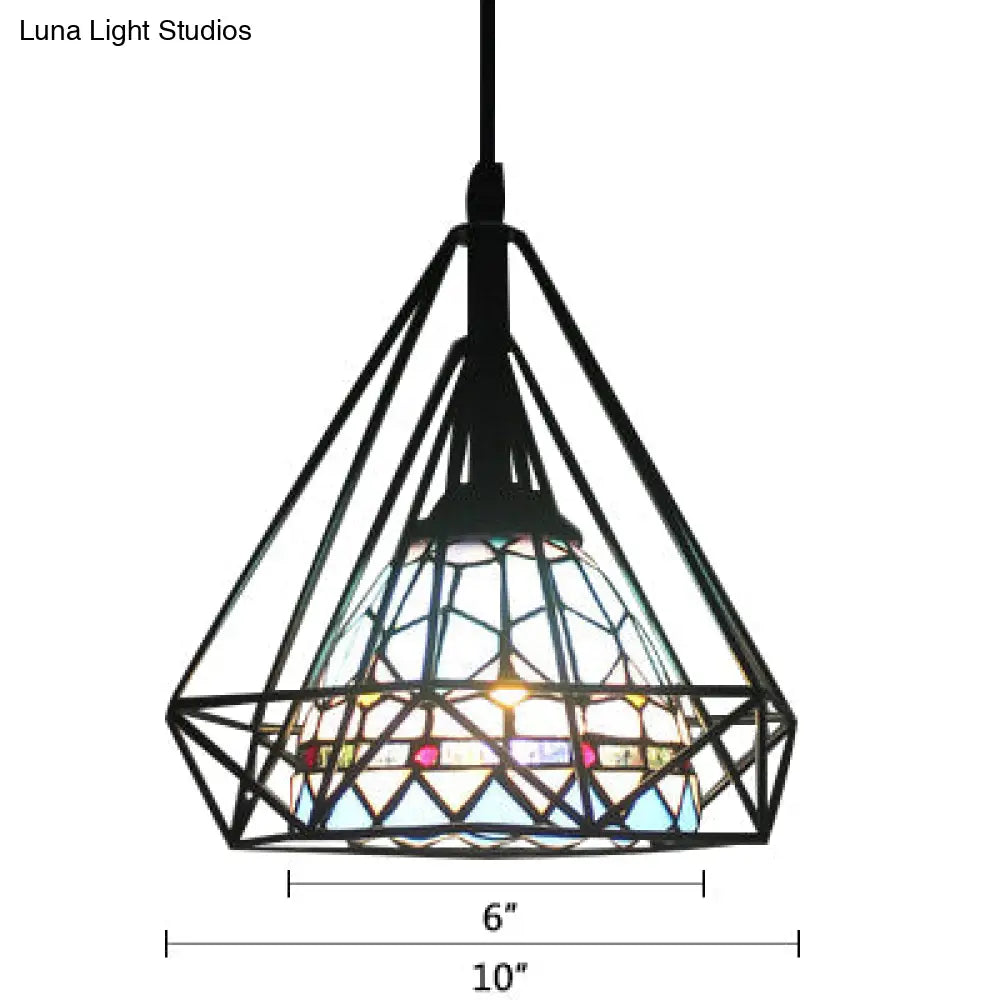 Hotel Domed Pendant Light Tiffany Blue Stained Glass With Diamond Cage – 1