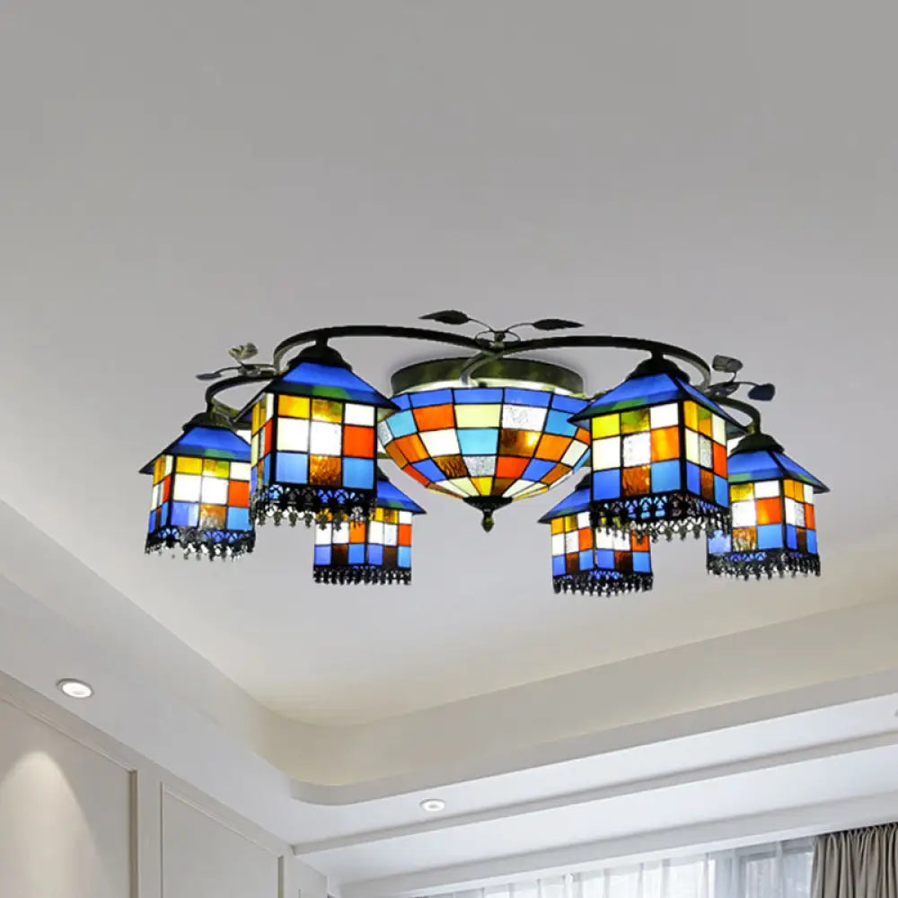 Hotel Mosaic Pendant Light: Stained Glass Multi-Head Chandelier With Central Bowl Antique Bronze