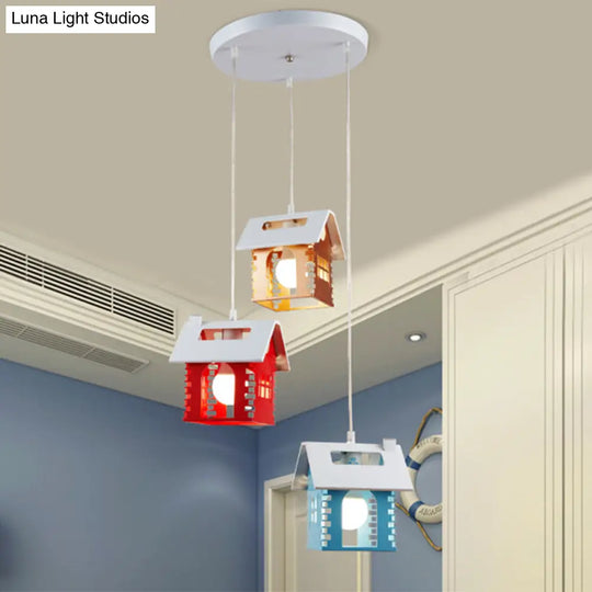 House-Shaped Multi-Light Pendant With Metallic Finish And 3 Colored Heads