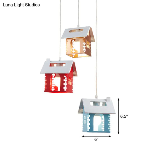 House-Shaped Multi-Light Pendant With Metallic Finish And 3 Colored Heads