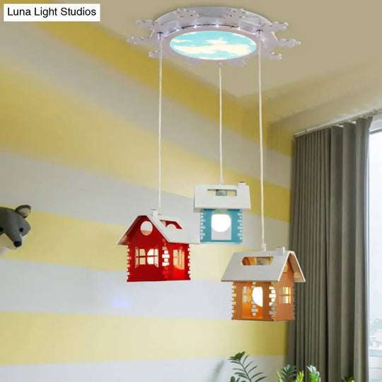 House-Shaped Multi-Light Pendant With Metallic Finish And 3 Colored Heads