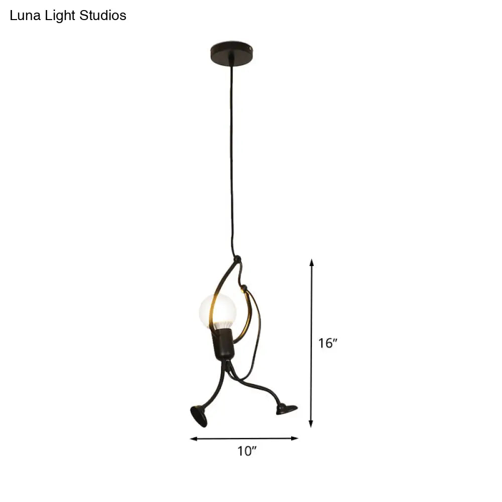 Human Shape Pendant Light: Black Finish Industrial Iron 1-Bulb For Restaurants