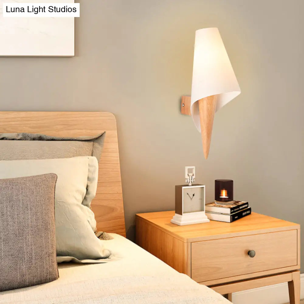 Ice Cream Cone Wall Mounted Light With Simplicity Wood Finish Single-Bulb Bedside Fixture & White