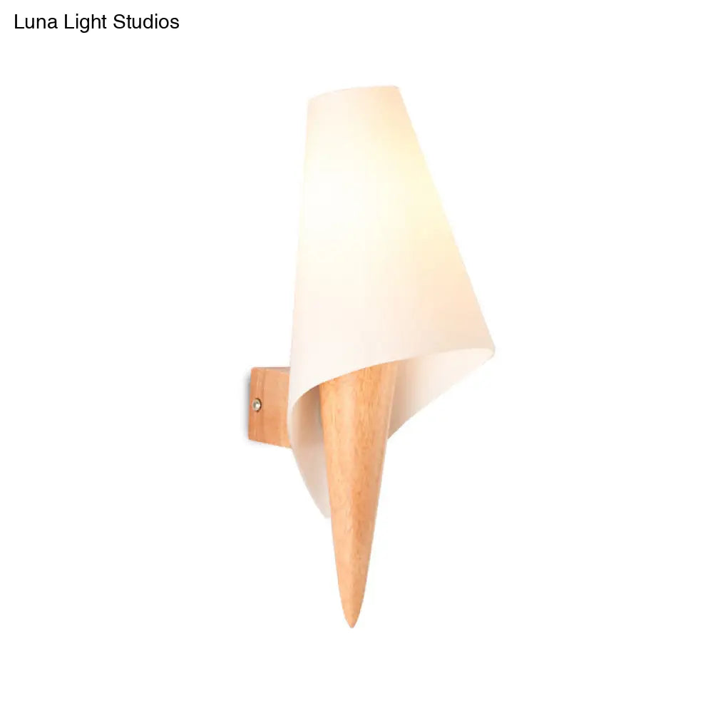 Ice Cream Cone Wall Mounted Light With Simplicity Wood Finish Single-Bulb Bedside Fixture & White