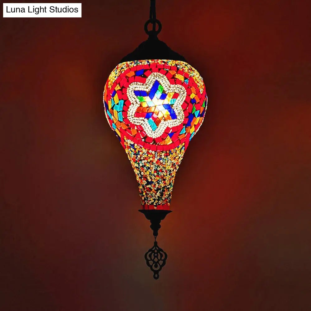 Ice Cream Pendant Light Fixture - Traditional White/Red/Yellow Stained Art Glass Ceiling Lamp