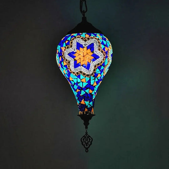 Ice Cream Pendant Light Fixture - Traditional White/Red/Yellow Stained Art Glass Ceiling Lamp Blue