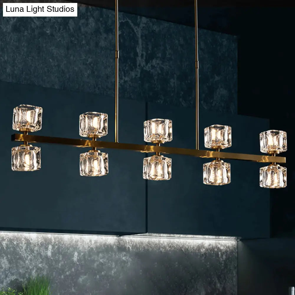 Ice Cube Crystal Pendant Light - Minimalist Gold Dining Room Island Lamp (5/10 Heads)