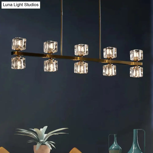 Ice Cube Crystal Pendant Light - Minimalist Gold Dining Room Island Lamp (5/10 Heads)