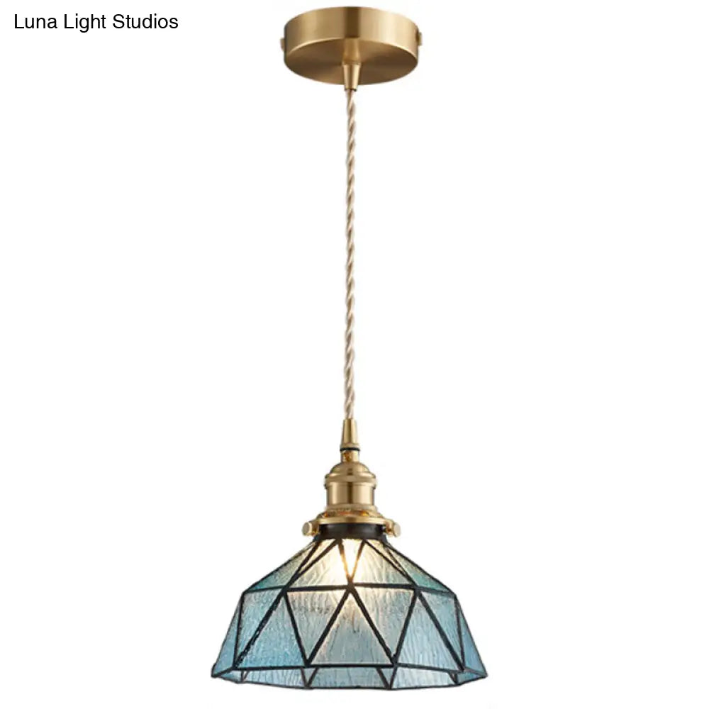 Geometric Icy Glass Pendant Lamp In Tiffany-Style 1 / Blue