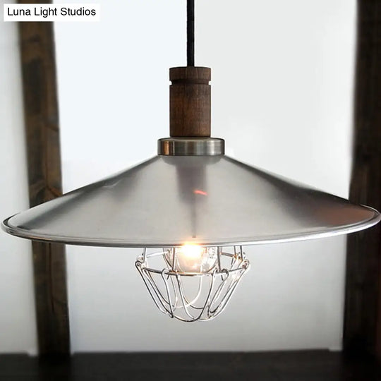 Aluminum Pendant Light With Wire Cage And Wood Cork: Farmhouse Style Suspension Lamp Silver
