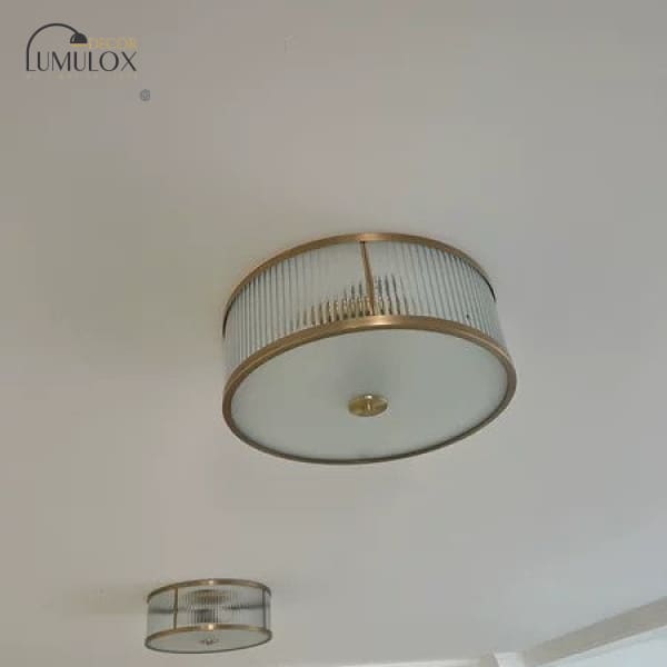 Antiqued Opaline Glass 3-Head Brass Flush Mount Light With Fluted Drum Design For Bedrooms Ceiling