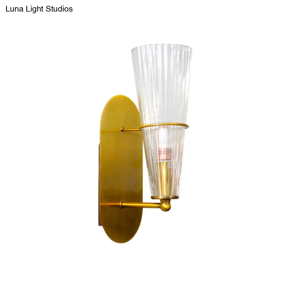 Indoor Mid Century Modern Brass Cone Wall Sconce With Clear Ribbed Glass Single Light