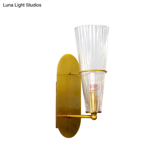 Indoor Mid Century Modern Brass Cone Wall Sconce With Clear Ribbed Glass Single Light