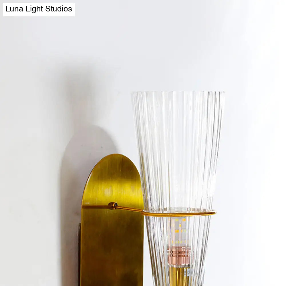 Indoor Mid Century Modern Brass Cone Wall Sconce With Clear Ribbed Glass Single Light