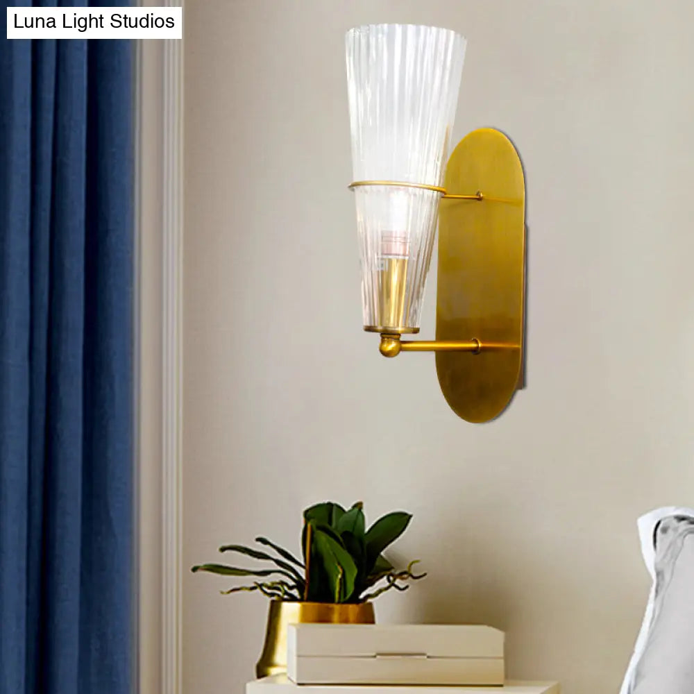 Indoor Mid Century Modern Brass Cone Wall Sconce With Clear Ribbed Glass Single Light