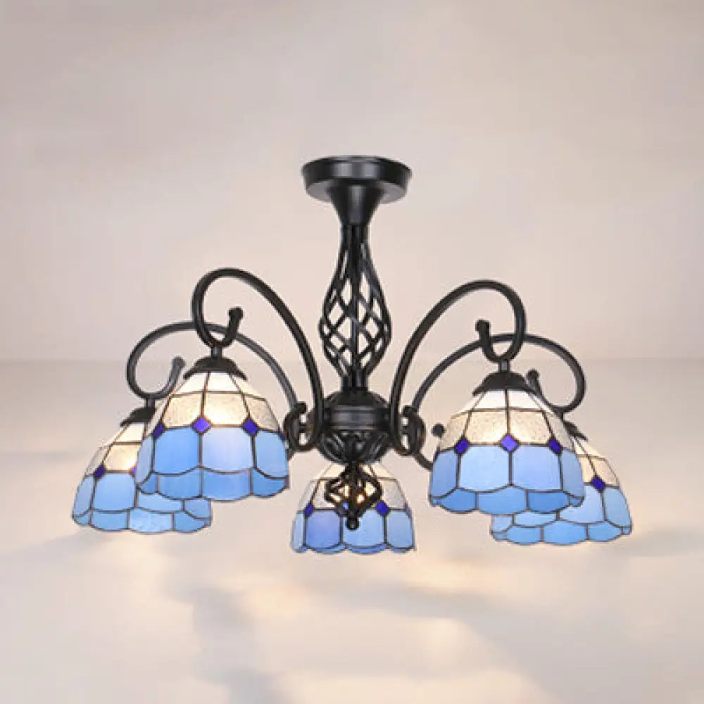 Indoor Stained Glass Semi Flush Mount Light - 5-Light Loft Tiffany Lighting In