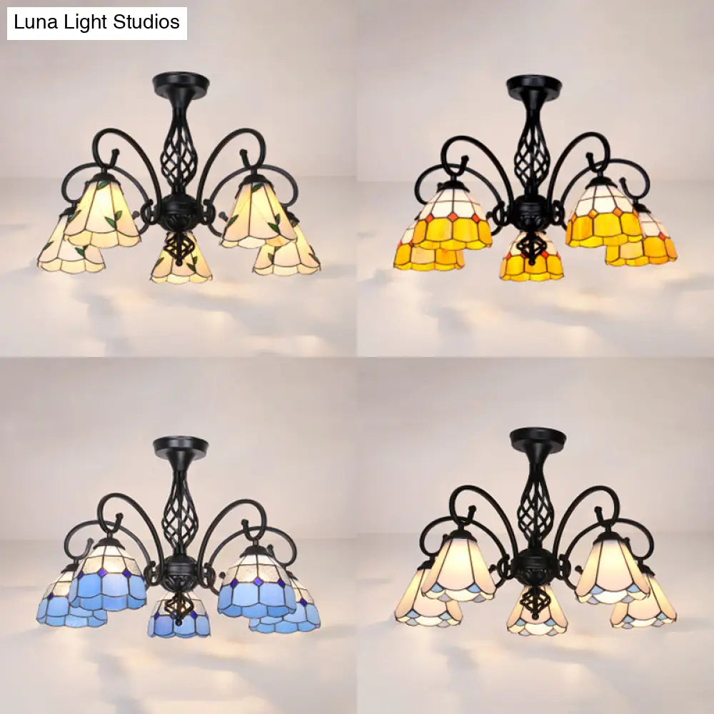 Indoor Stained Glass Semi Flush Mount Light - 5-Light Loft Tiffany Lighting In