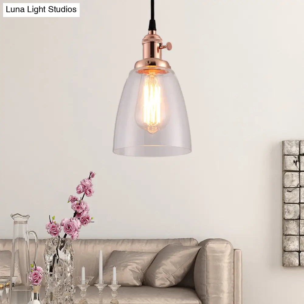 Industrial 1 Bulb Hanging Pendant Lamp With Clear Glass Bell Shade And Bronze/Brass/Copper Top For