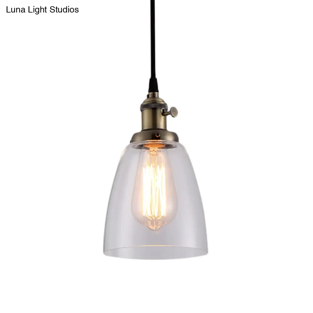 Industrial 1 Bulb Hanging Pendant Lamp With Clear Glass Bell Shade And Bronze/Brass/Copper Top For