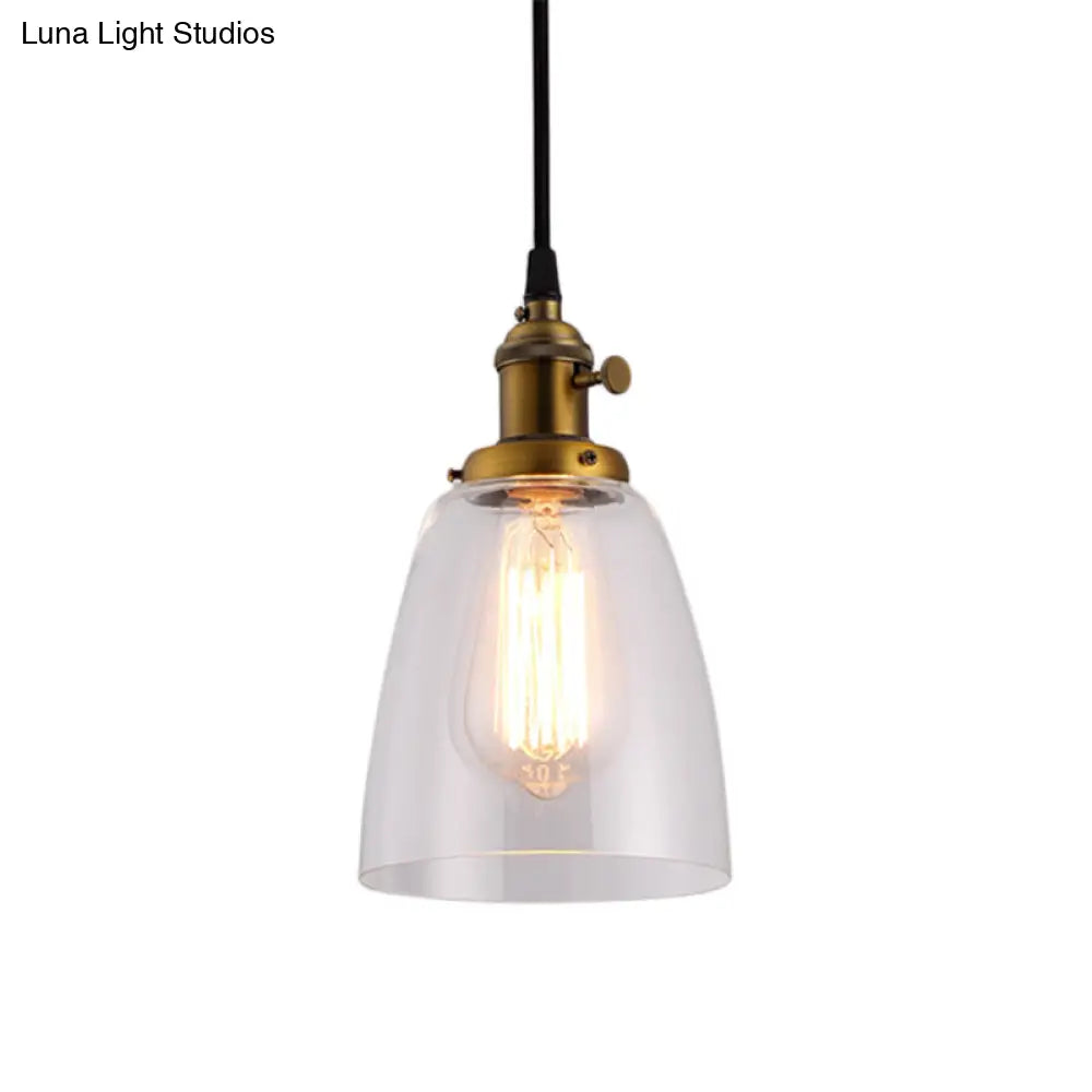 Industrial 1 Bulb Hanging Pendant Lamp With Clear Glass Bell Shade And Bronze/Brass/Copper Top For