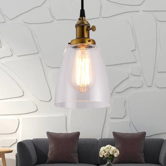 Industrial 1 Bulb Hanging Pendant Lamp With Clear Glass Bell Shade And Bronze/Brass/Copper Top For