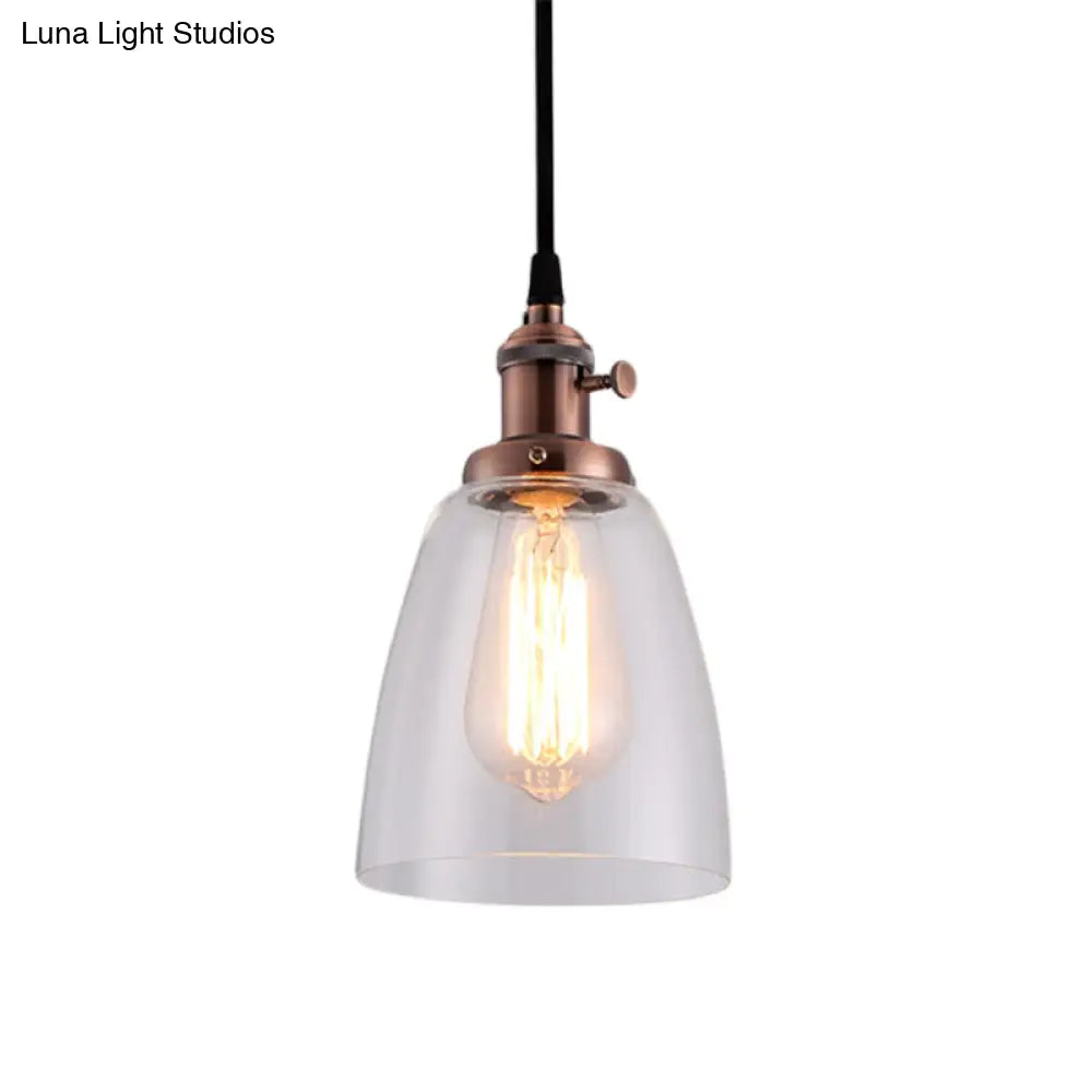 Industrial 1 Bulb Hanging Pendant Lamp With Clear Glass Bell Shade And Bronze/Brass/Copper Top For