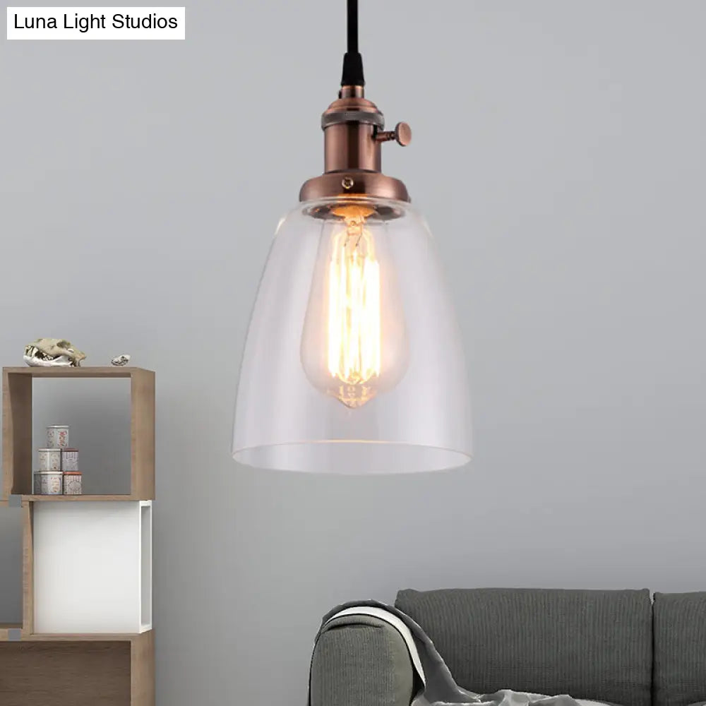 Industrial Hanging Light Kit - Bell Clear Glass Pendant Lamp With Bronze/Brass/Copper Top Weathered