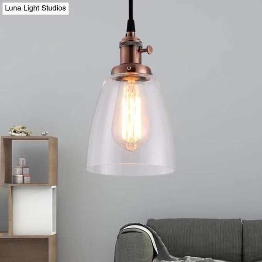 Industrial Hanging Light Kit - Bell Clear Glass Pendant Lamp With Bronze/Brass/Copper Top Weathered