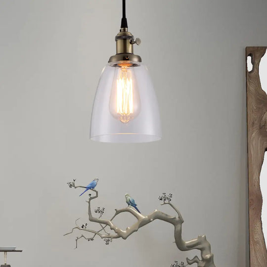 Industrial 1 Bulb Hanging Pendant Lamp With Clear Glass Bell Shade And Bronze/Brass/Copper Top For