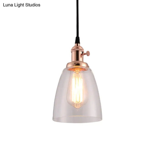 Industrial 1 Bulb Hanging Pendant Lamp With Clear Glass Bell Shade And Bronze/Brass/Copper Top For