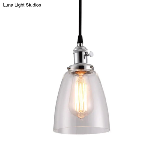 Industrial 1 Bulb Hanging Pendant Lamp With Clear Glass Bell Shade And Bronze/Brass/Copper Top For