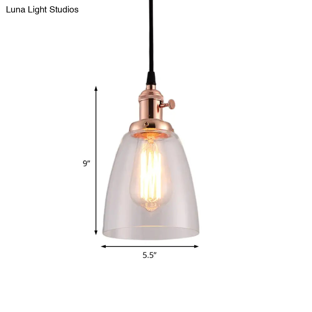 Industrial 1 Bulb Hanging Pendant Lamp With Clear Glass Bell Shade And Bronze/Brass/Copper Top For