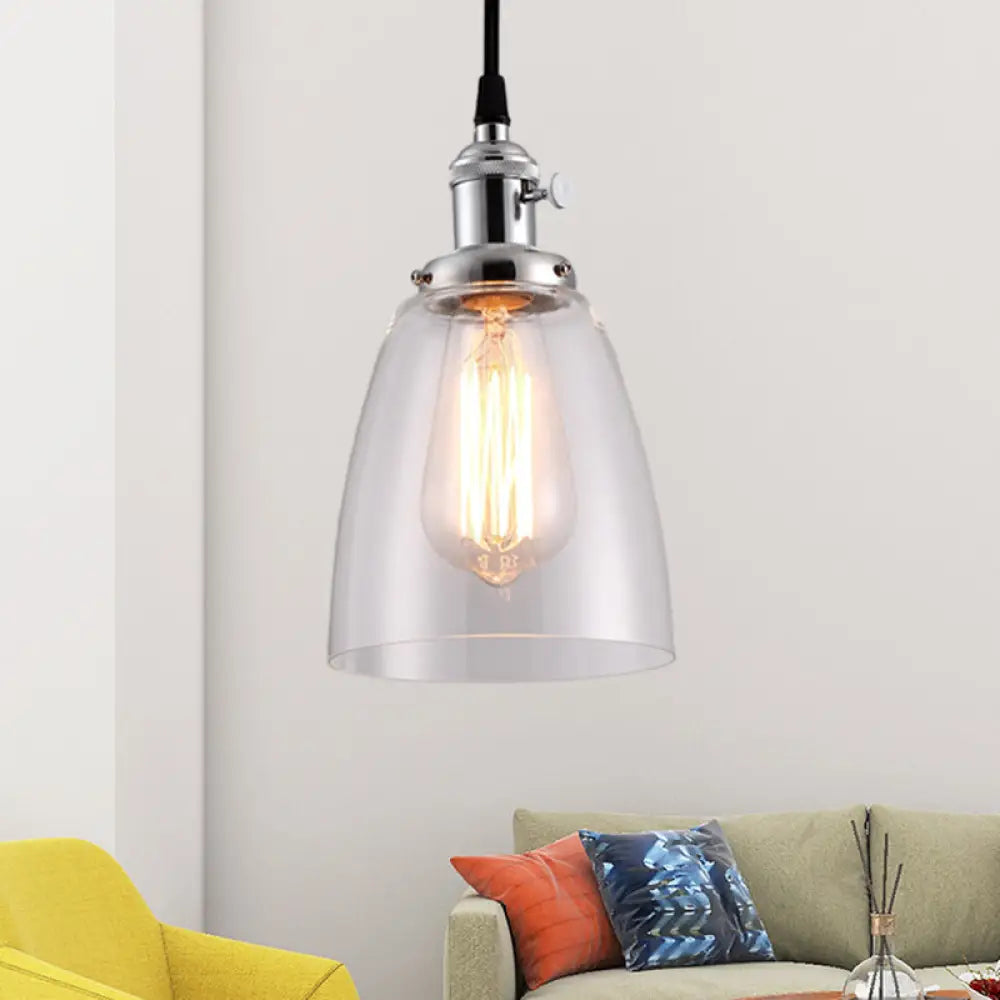 Industrial 1 Bulb Hanging Pendant Lamp With Clear Glass Bell Shade And Bronze/Brass/Copper Top For