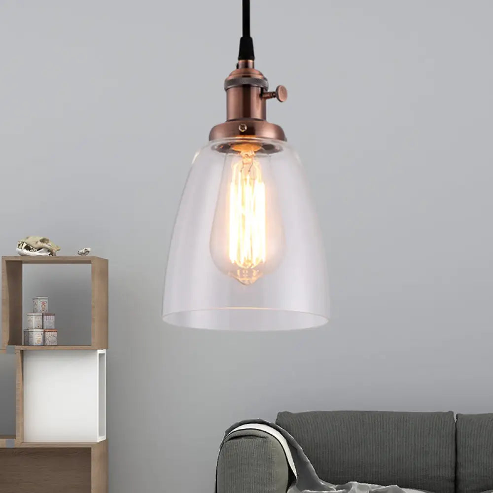 Industrial 1 Bulb Hanging Pendant Lamp With Clear Glass Bell Shade And Bronze/Brass/Copper Top For