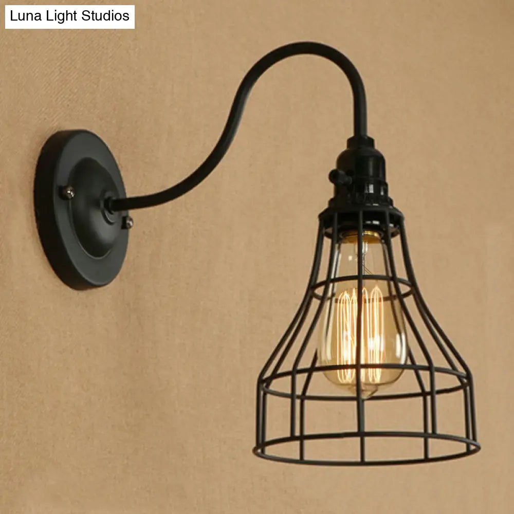 Industrial 1-Head Black Gooseneck Wall Light With Cage Shade For Living Room