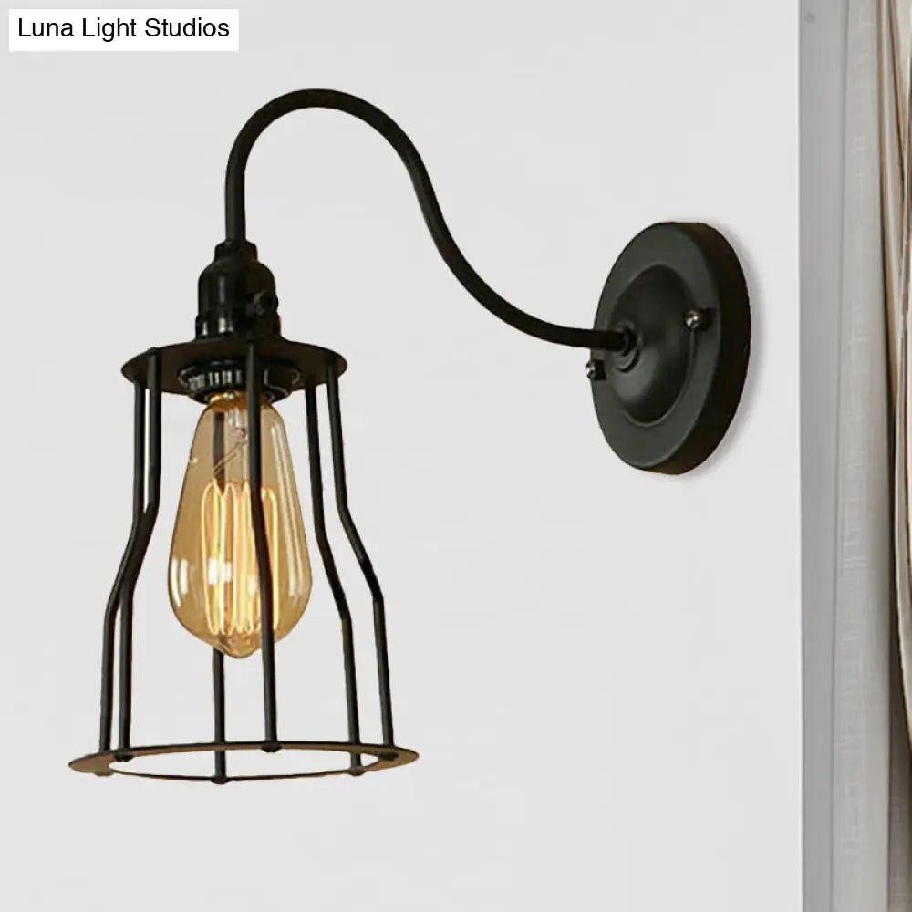 Industrial 1-Head Black Gooseneck Wall Light With Cage Shade For Living Room