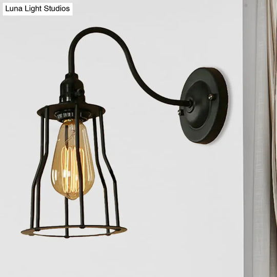 Industrial 1-Head Black Gooseneck Wall Light With Cage Shade For Living Room