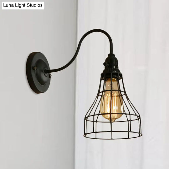 Industrial 1-Head Black Gooseneck Wall Light With Cage Shade For Living Room