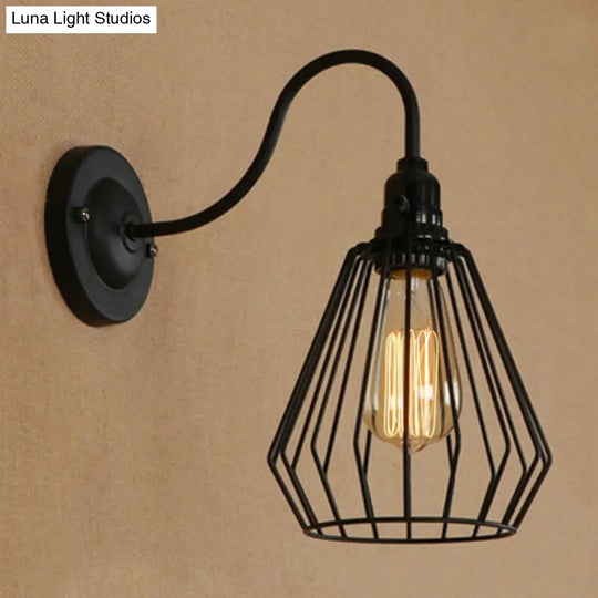 Industrial 1-Head Black Gooseneck Wall Light With Cage Shade For Living Room